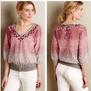 Anthropologie Embroidered Peasant Mesh Pink Blouse